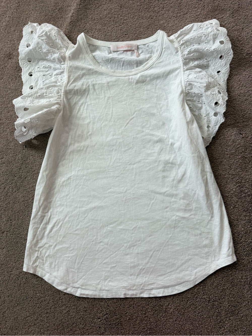 See By Chloe White Eyelet Puff Sleeve Tee